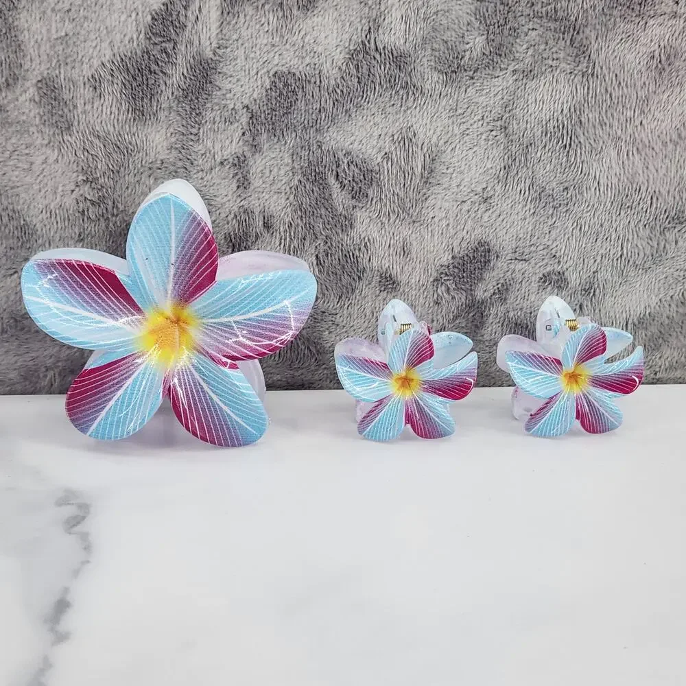 3 pc Hawaiian Flower Claw Clip Set - Hair Accessories - Blue & Purple Plumeria